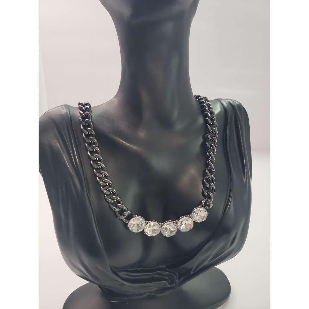 Silver Tone Chunky Chain Necklace Clear Faceted Stones Statement Bib